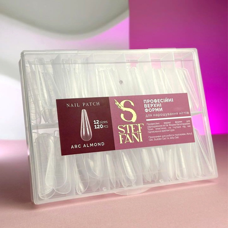 ВЕРХНІ ФОРМИ ДЛЯ НАРОЩУВАННЯ НІГТІВ STEFFANI NAIL PATCH ARC ALMOND. АРКОВИЙ МИГДАЛЬ. З РОЗМІТКОЮ. ПРОЗОРІ. 120
