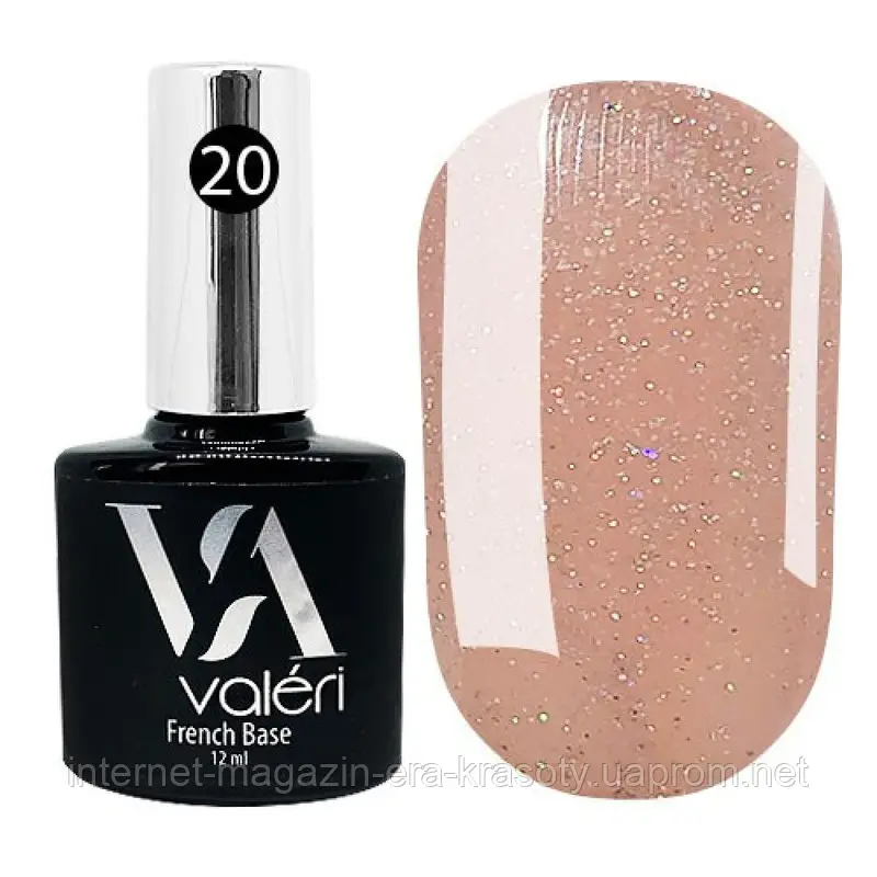 Базове покриття для нігтів 20 ніжно-персиковий з срібним мікроблиском French Base Valeri, 12 мл