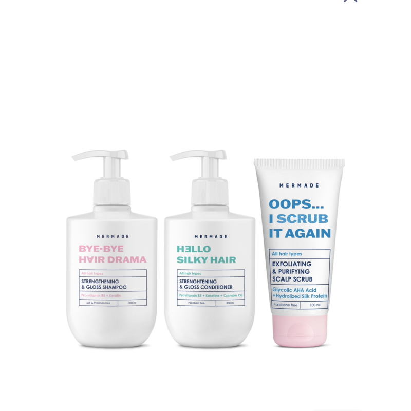 Комплекс-догляд для волосся та шкіри голови: шампунь + кондиціонер + пілінг MERMADE Keratin & Silk protein