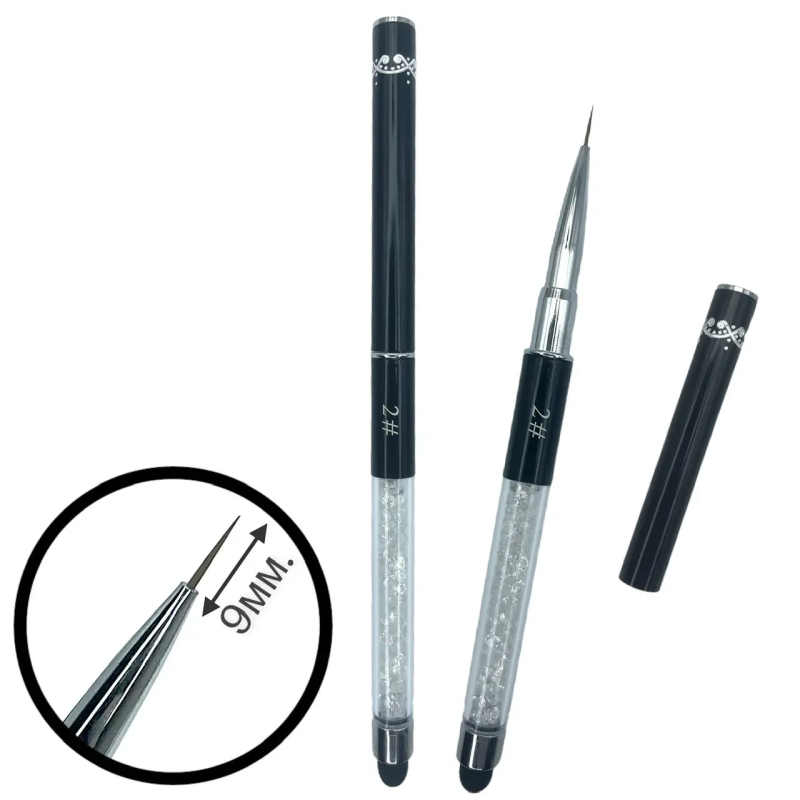Тонкий пензлик - лайнер для малювання та дизайну на нігтях з ковпачком та камінням №2 9мм.
